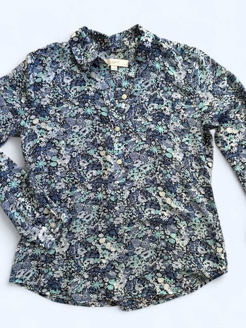LOFT Navy and Light Blue Floral 3/4 Button-Down Shirt